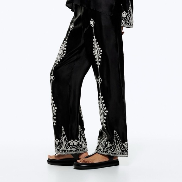 Zara Satin High Waisted Embroidered Trousers - Picture 2 of 3